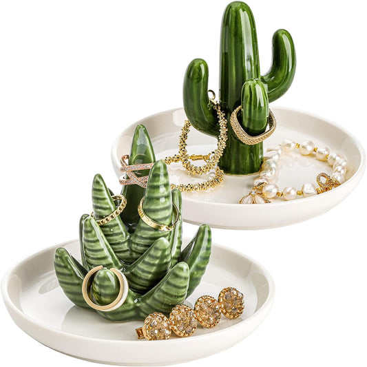 Set of 2 Aloe and Cactus Ring Holder Dish