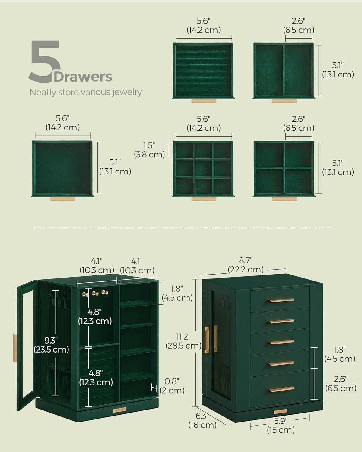 Premium Jewelry Storage Case with 5 Drawers - Green