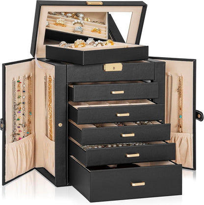 6-Tier Jewelry Box Lockable Leather Jewelry Storage Case