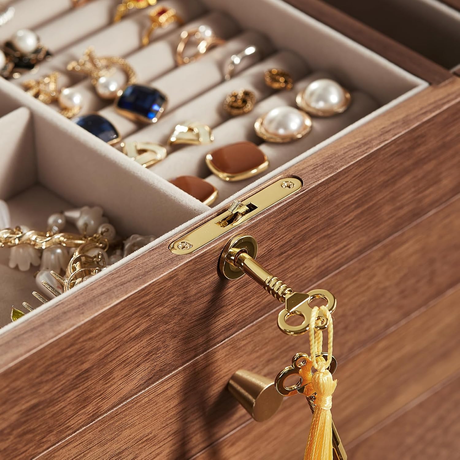 walnut wooden jewelry box with lock