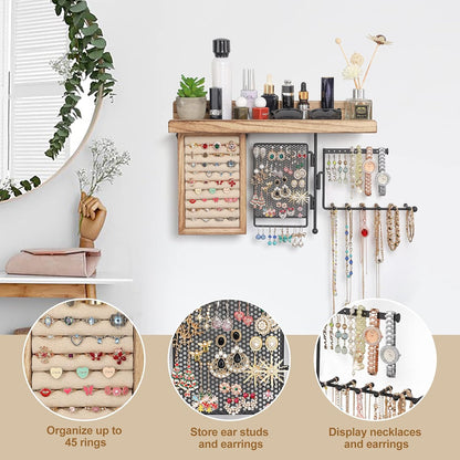 Wall Hanging Jewelry Organizer Wall Mount with Rustic Wood