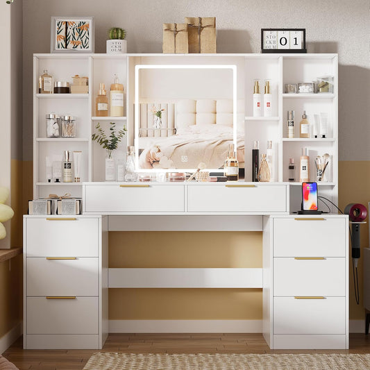 Large Makeup Vanity Desk with Lighted Mirror & Power Outlet