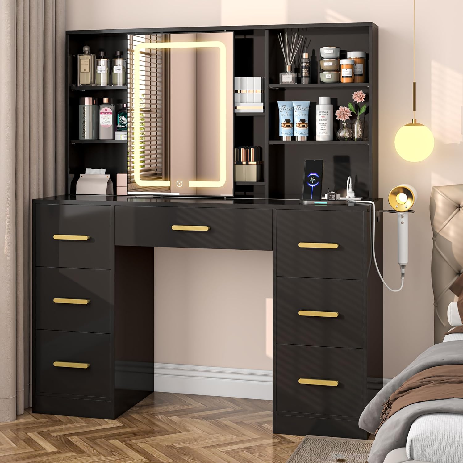 47'' W Large Vanity Desk with Mirror and Lights – Jewelryorganiser