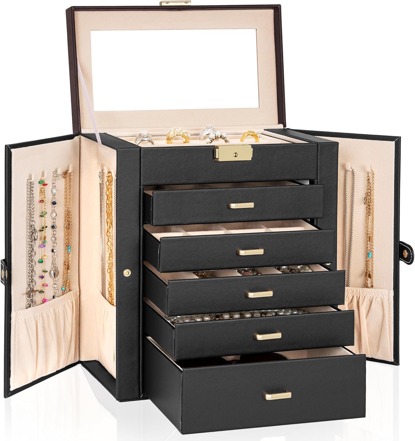 6-Tier Jewelry Box Lockable Leather Jewelry Storage Case