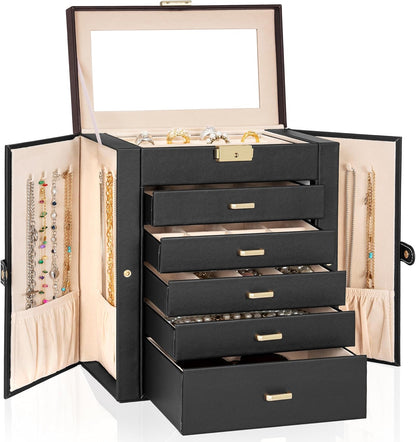 6-Tier Jewelry Box Lockable Leather Jewelry Storage Case