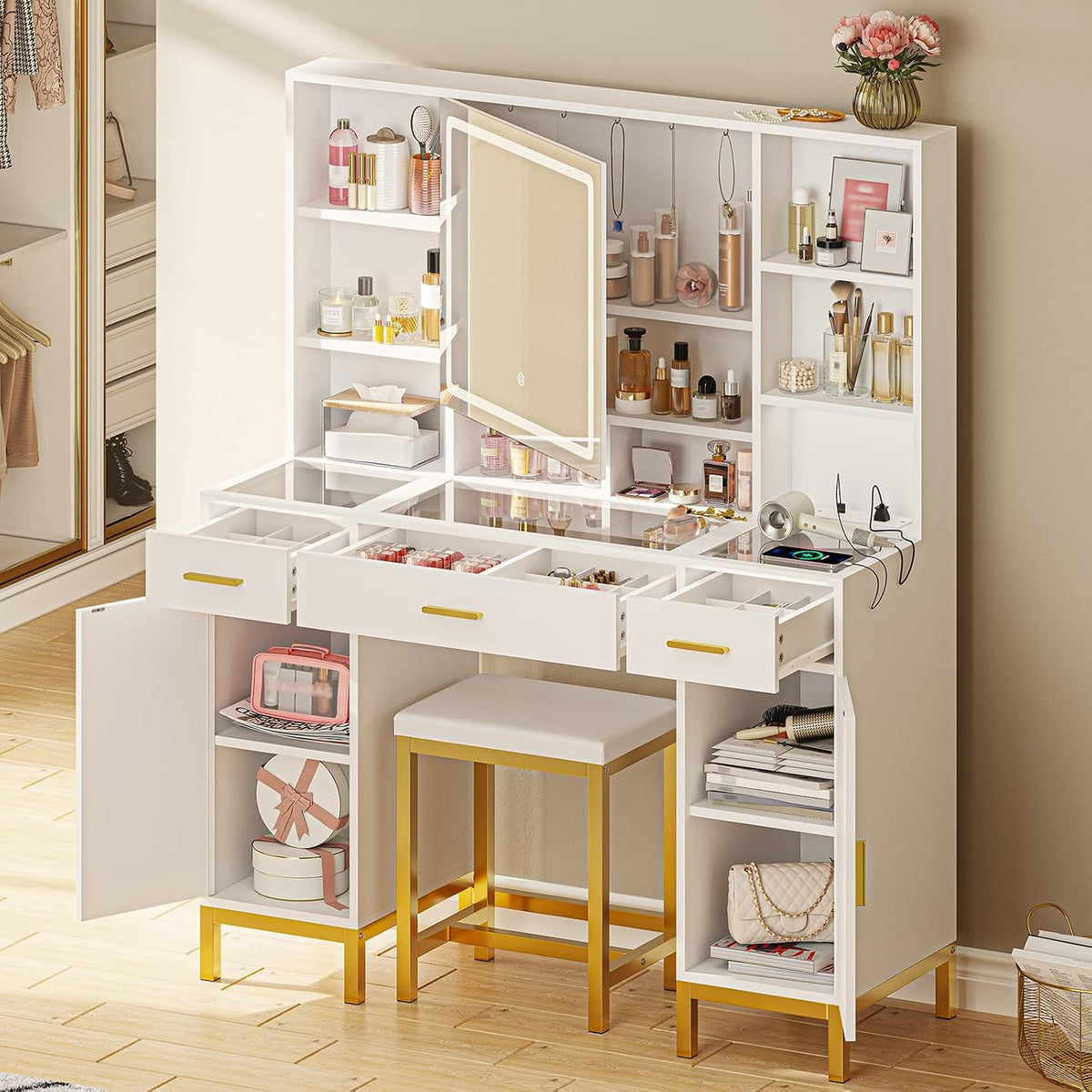 Vanity Desk with Openable Mirror and Lights