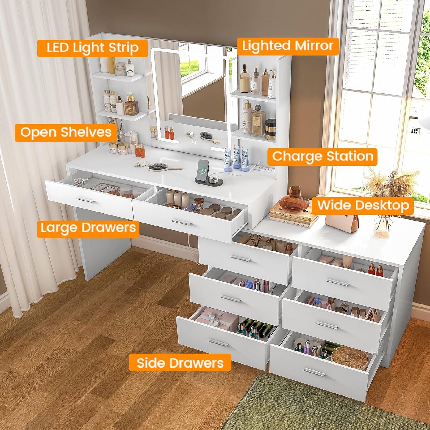 Vanity Makeup Desk with 8 Drawers, 6 Storage Shelves