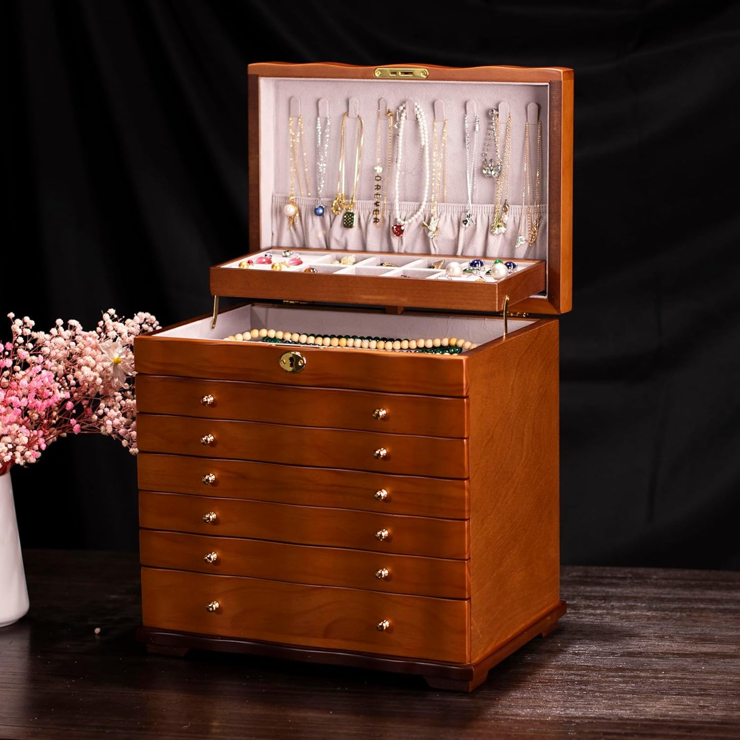 9-Layer Large Wooden Jewelry Box Women