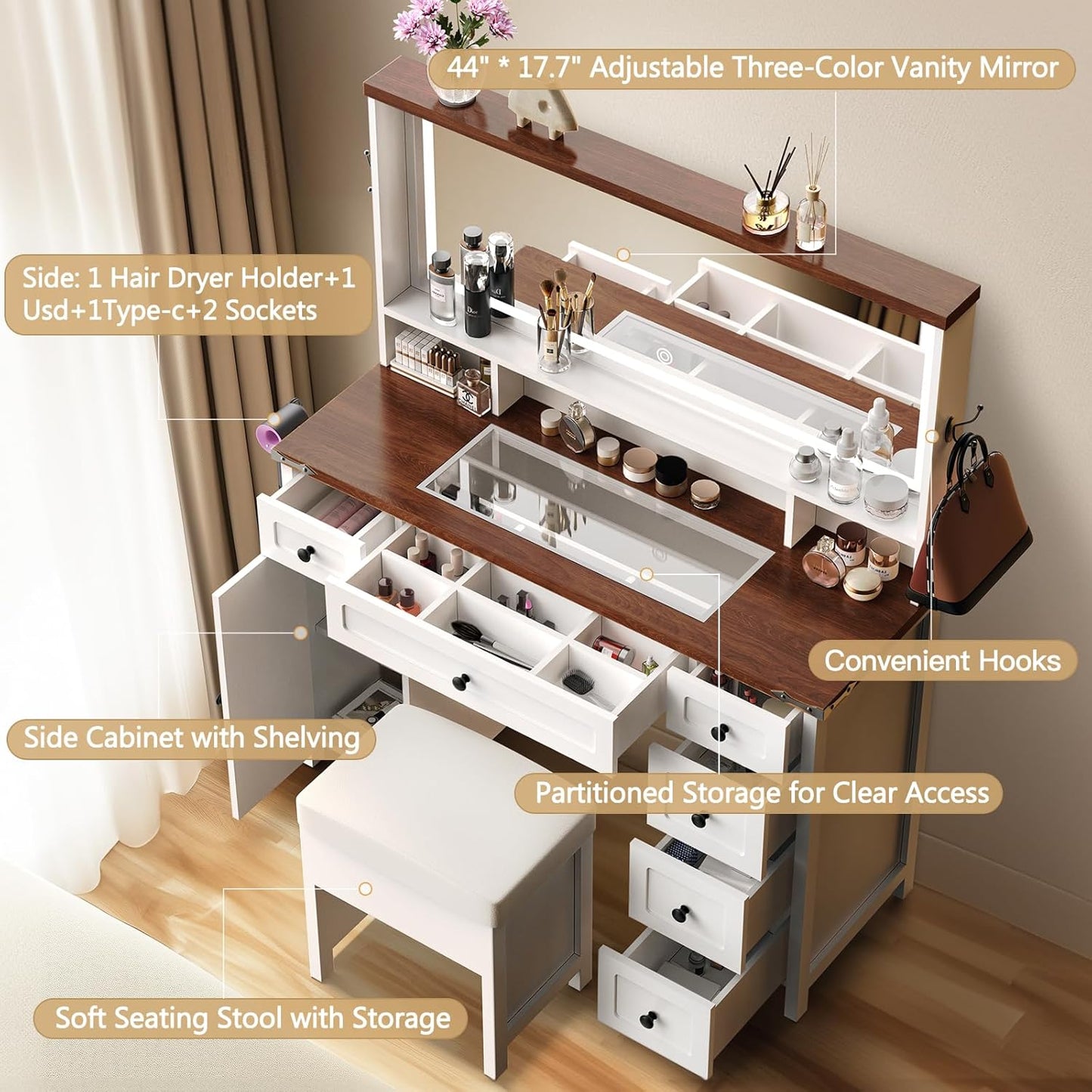 Farmhouse Makeup Vanity Desk with Lighted Mirror - Large