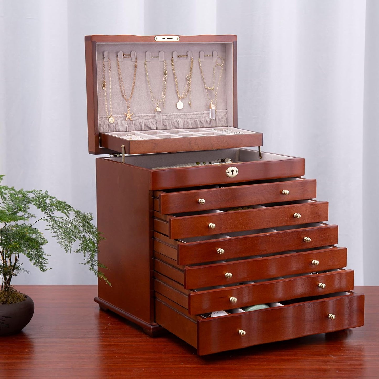 9-Layer Large Wooden Jewelry Box Women