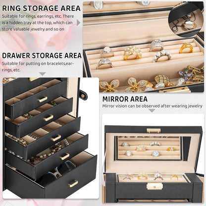 6-Tier Jewelry Box Lockable Leather Jewelry Storage Case