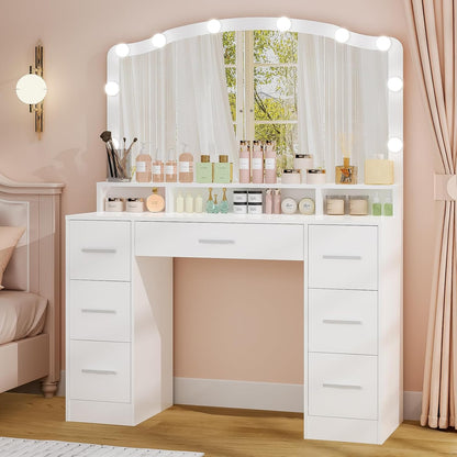 Vanity desk mirror with LED drawer storage