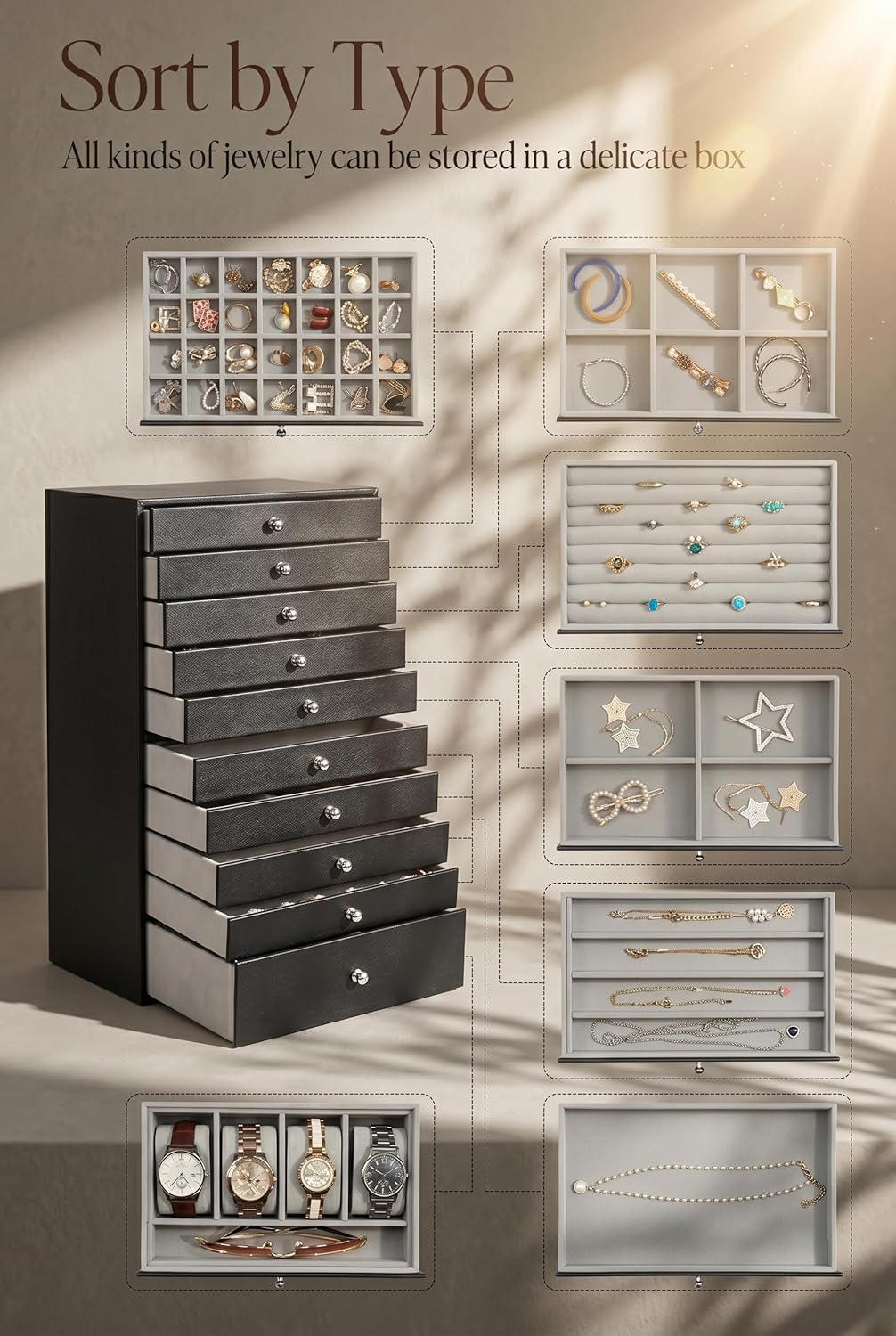 Extra Large Jewelry Box, 10-Layer Storage Case