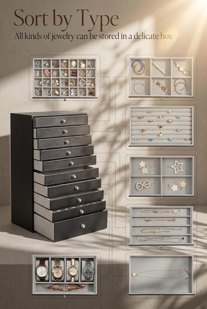 Extra Large Jewelry Box, 10-Layer Storage Case