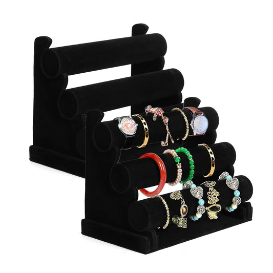 2 Pack Velvet Bracelet Holder with 3 Tier Rack, Black