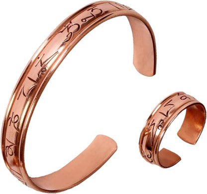 Hand Carved Copper Bracelet and Ring Set