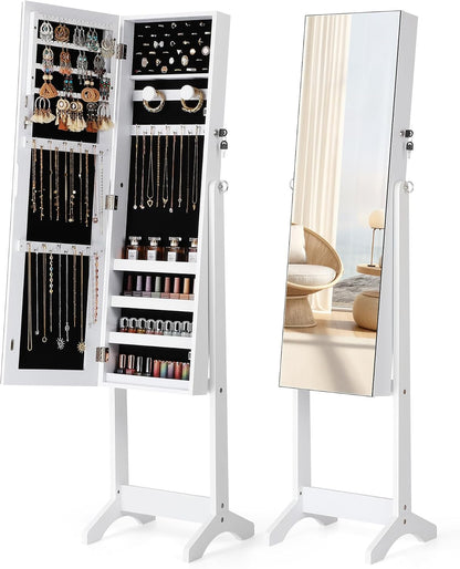 Freestanding Jewelry Cabinet Full Length Mirror, Moon White