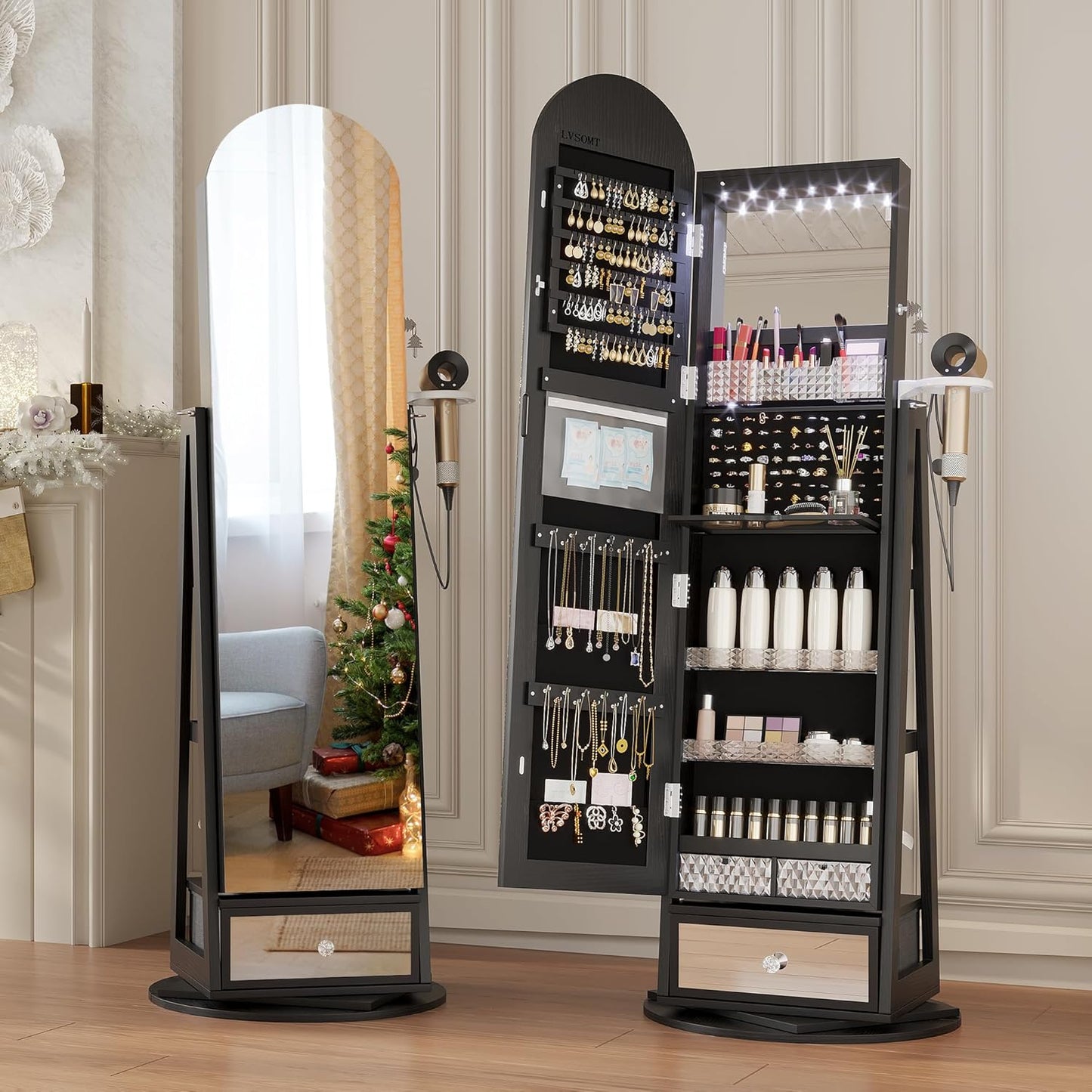 360° Swivel Arched Jewelry Cabinet with Mirror