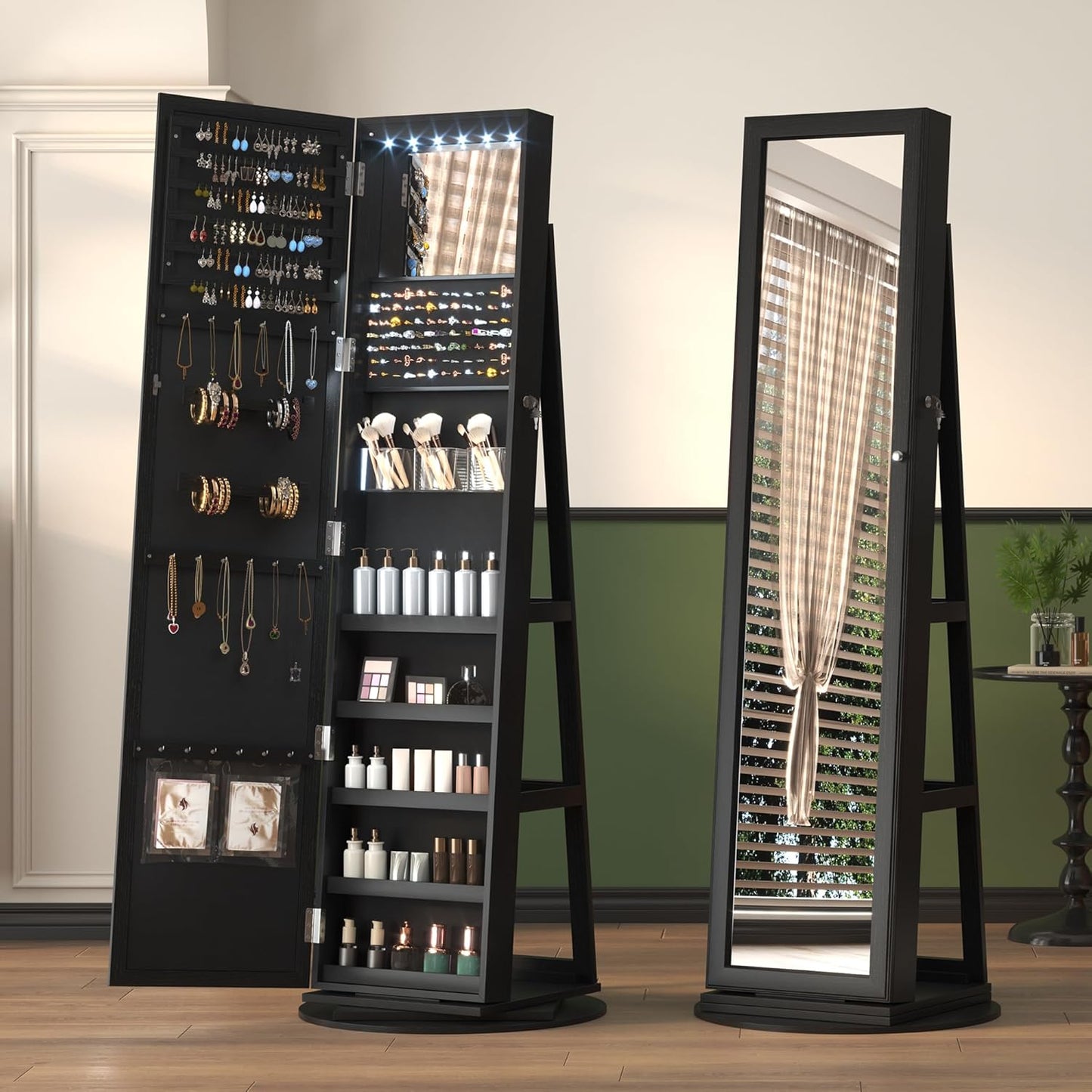 Standing Jewelry Armoire 6 LEDs Lockable Mirror Cabinet