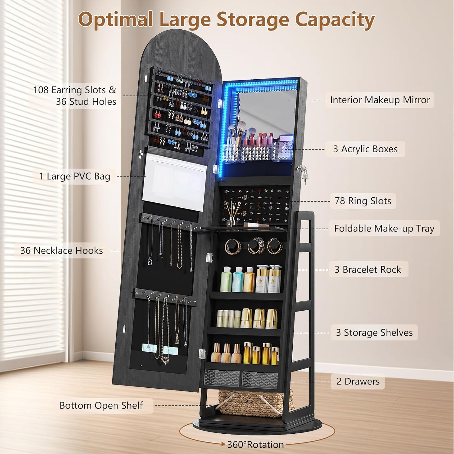 arched jewelry cabinet standing