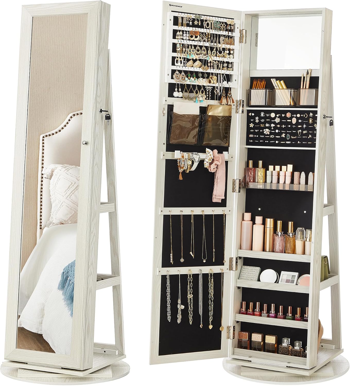 360° Swivel Jewelry Cabinet Framed Mirror, Lockable