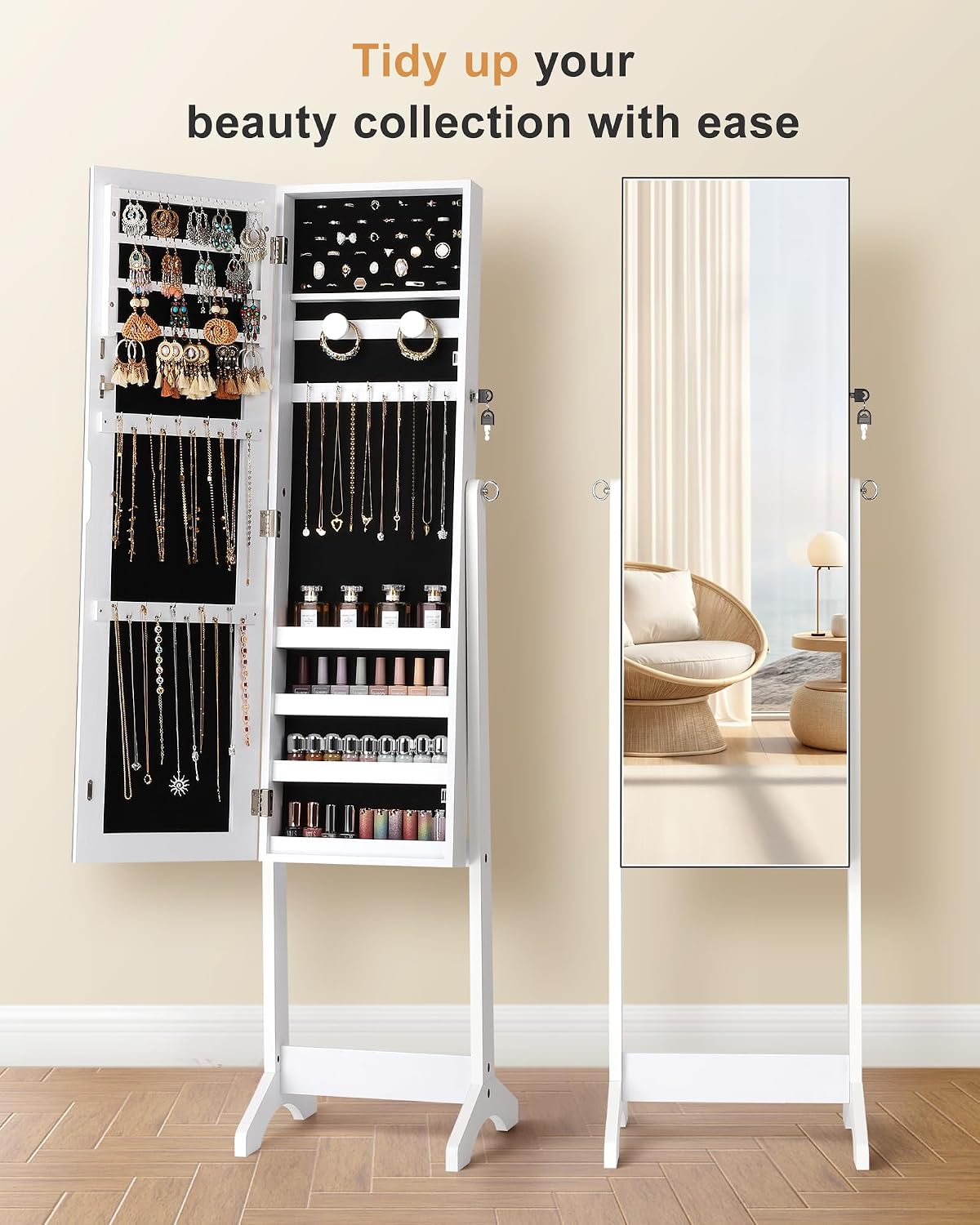 Freestanding Jewelry Cabinet Full Length Mirror, Moon White