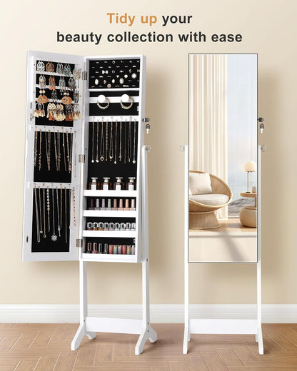 Freestanding Jewelry Cabinet Full Length Mirror, Moon White