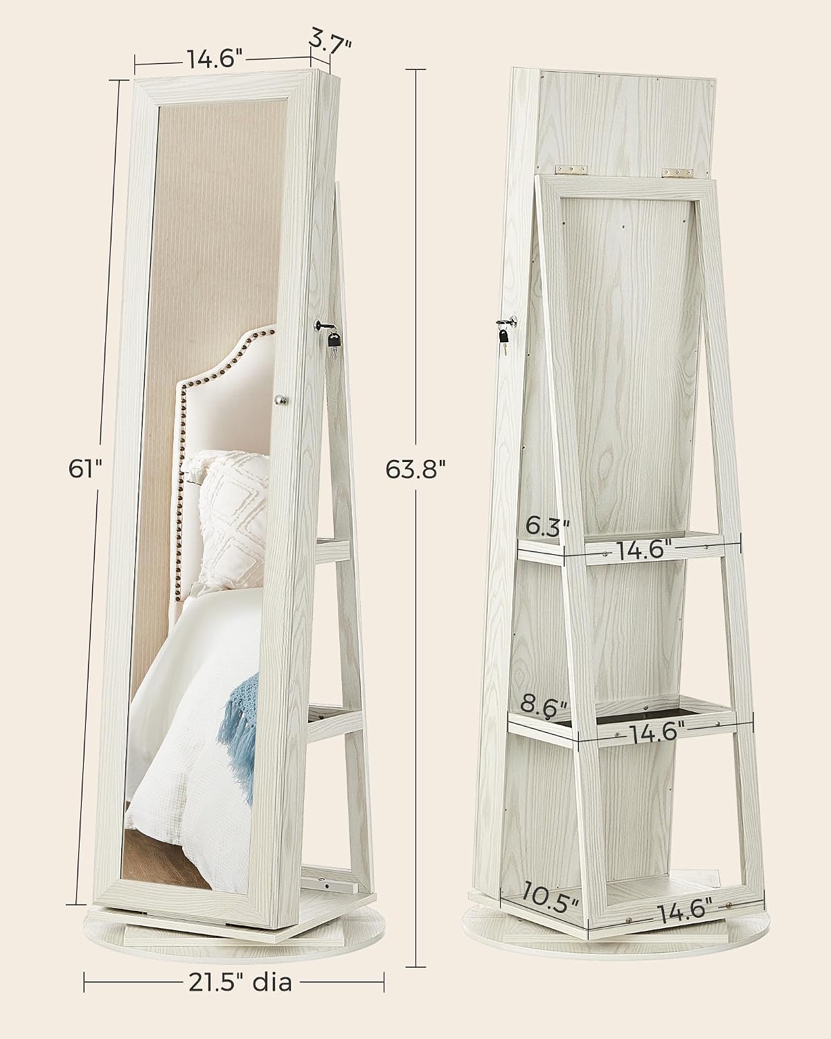 360° Swivel Jewelry Cabinet Framed Mirror, Lockable