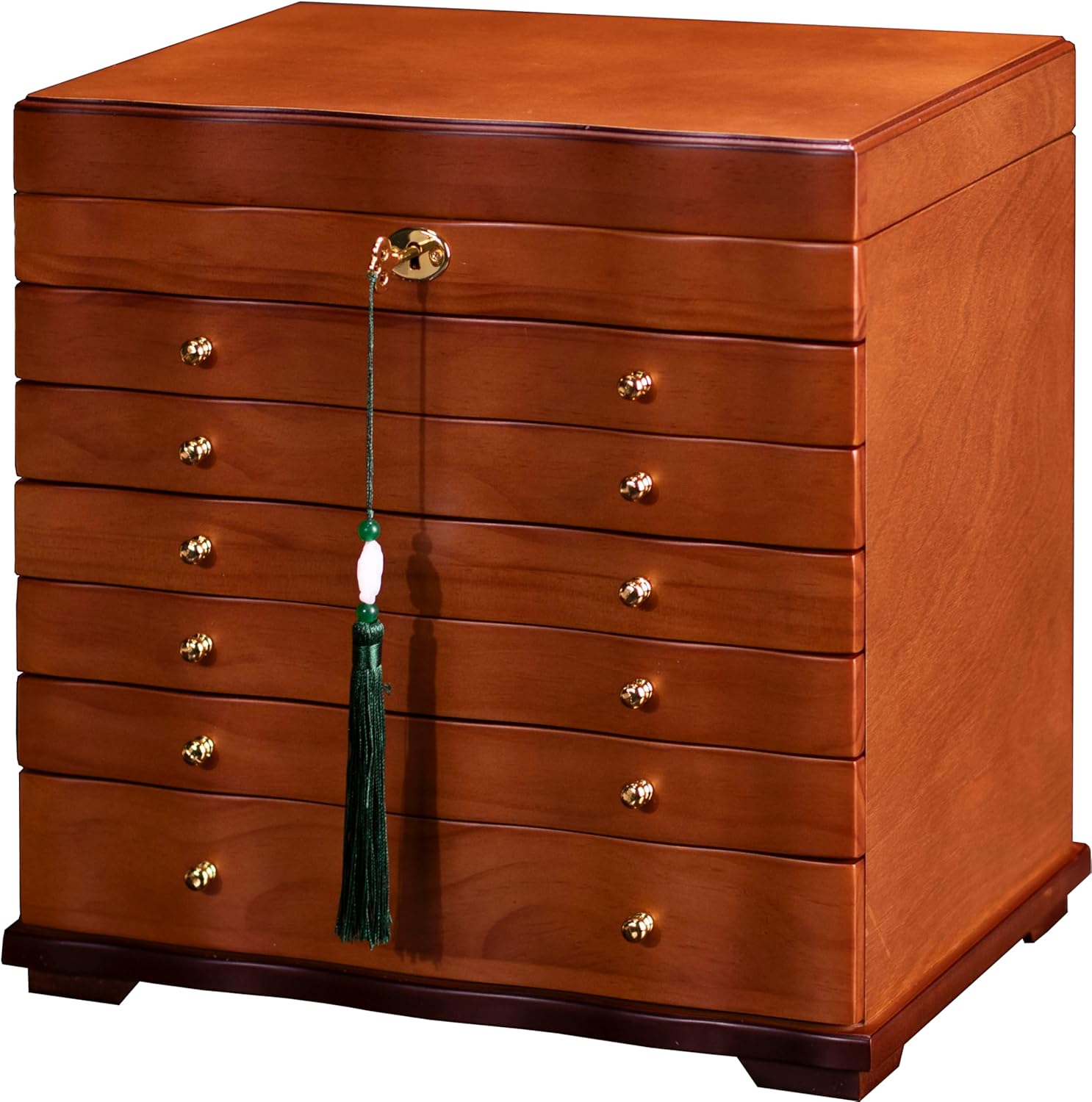 large wooden jewelry box with drawers