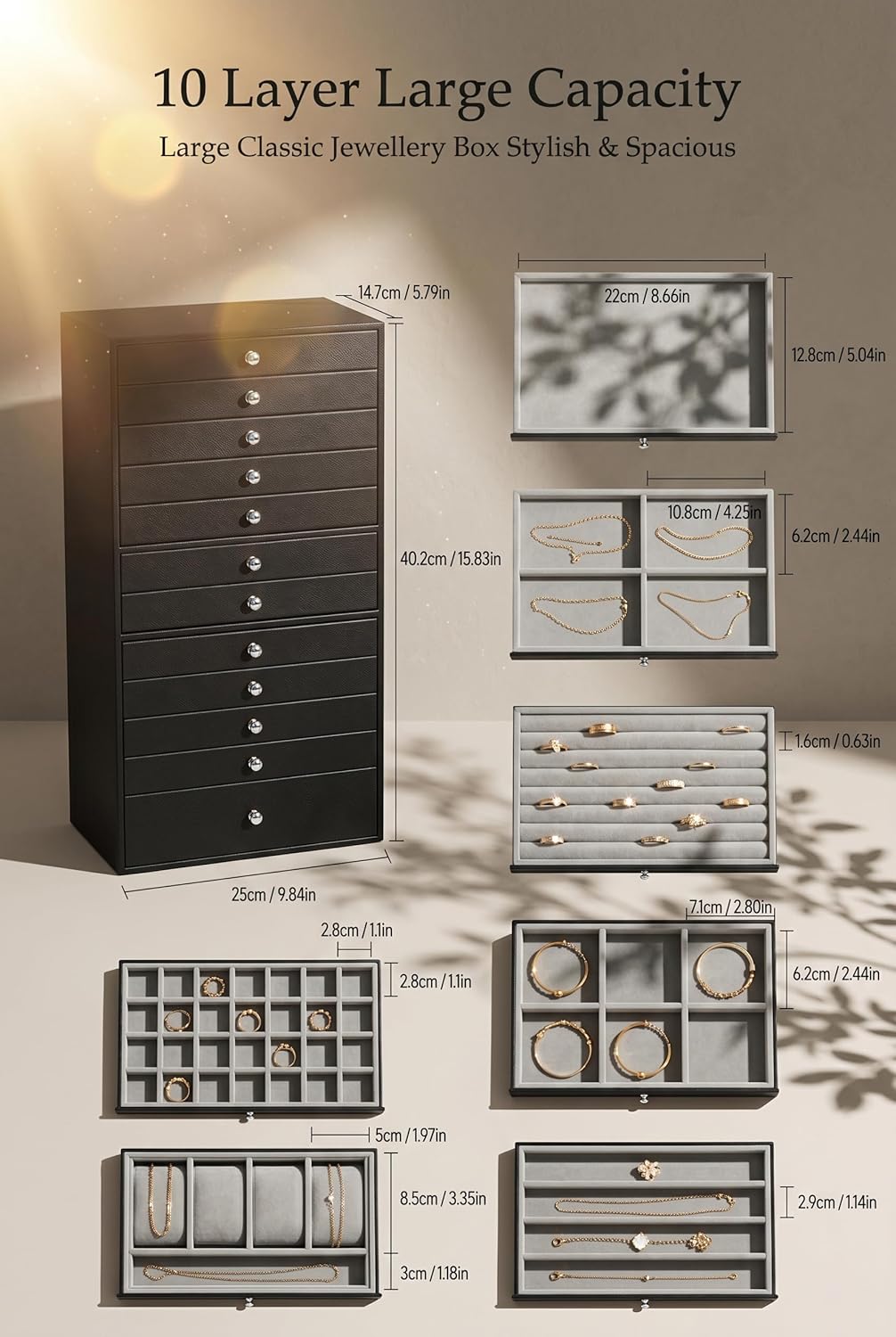 Extra Large Jewelry Box, 10-Layer Storage Case