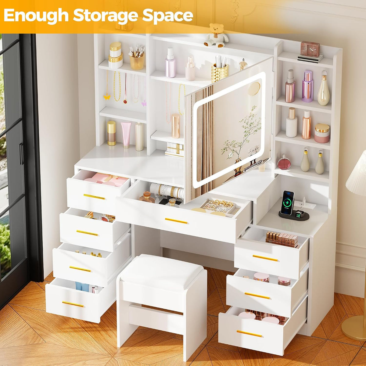 Large Makeup Vanity Desk with Lights, Hooks & Cushioned Stool
