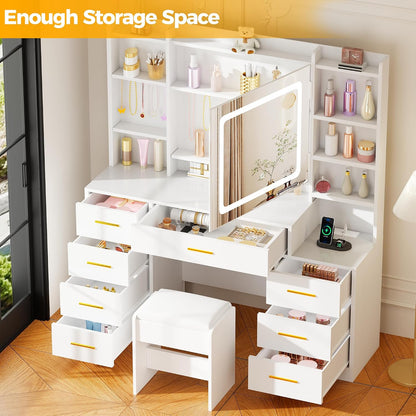 Large Makeup Vanity Desk with Lights, Hooks & Cushioned Stool