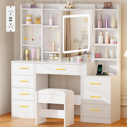Large Makeup Vanity Desk with Lights, Hooks & Cushioned Stool