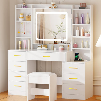 Large Makeup Vanity Desk with Lights, Hooks & Cushioned Stool