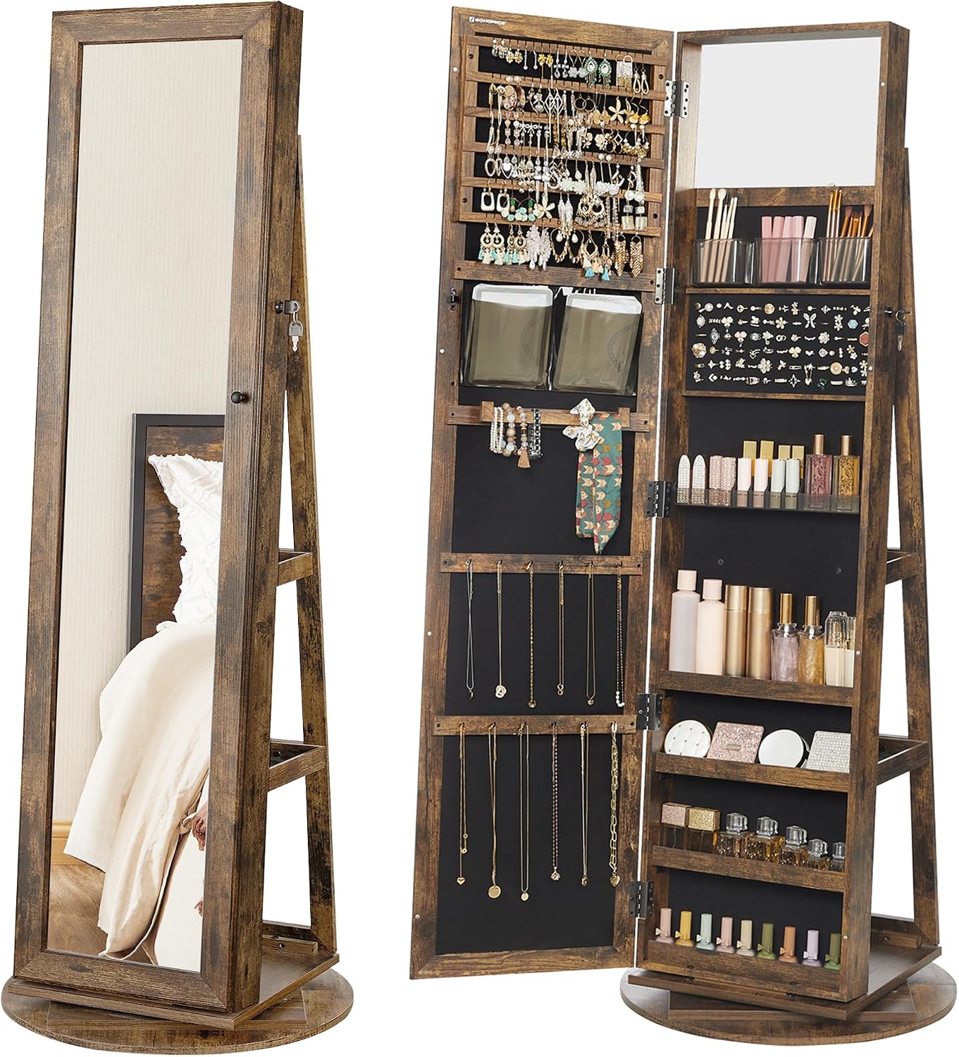 360° Swivel Jewelry Cabinet Framed Mirror, Lockable