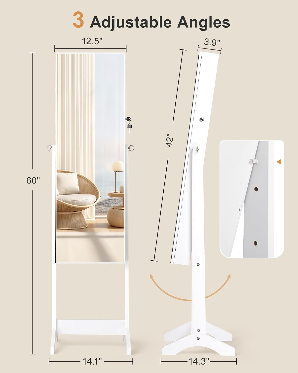 Freestanding Jewelry Cabinet Full Length Mirror, Moon White
