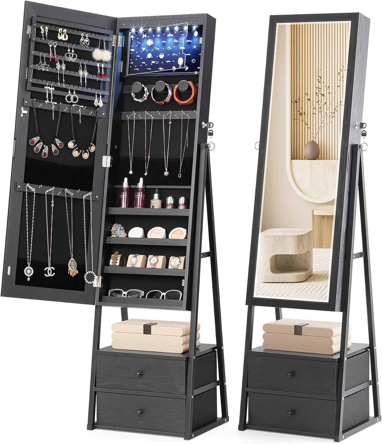 Lockable Standing Mirror Jewelry Cabinet with Drawers