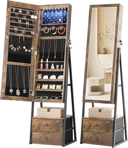 Lockable Standing Mirror Jewelry Cabinet with Drawers