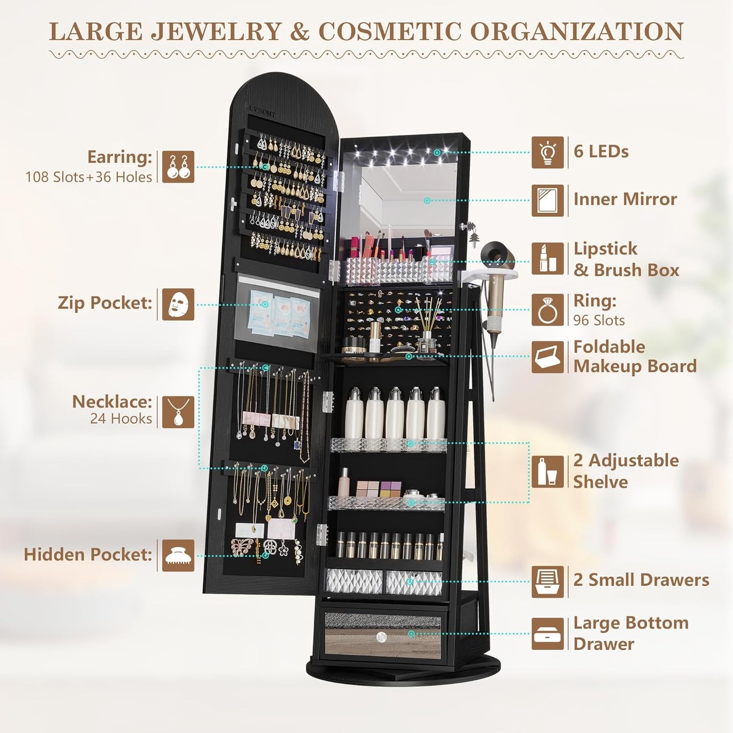 360° Swivel Arched Jewelry Cabinet with Mirror