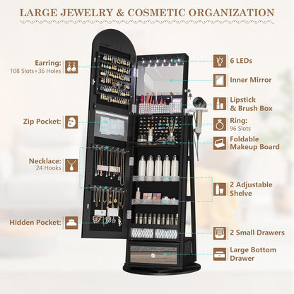 360° Swivel Arched Jewelry Cabinet with Mirror