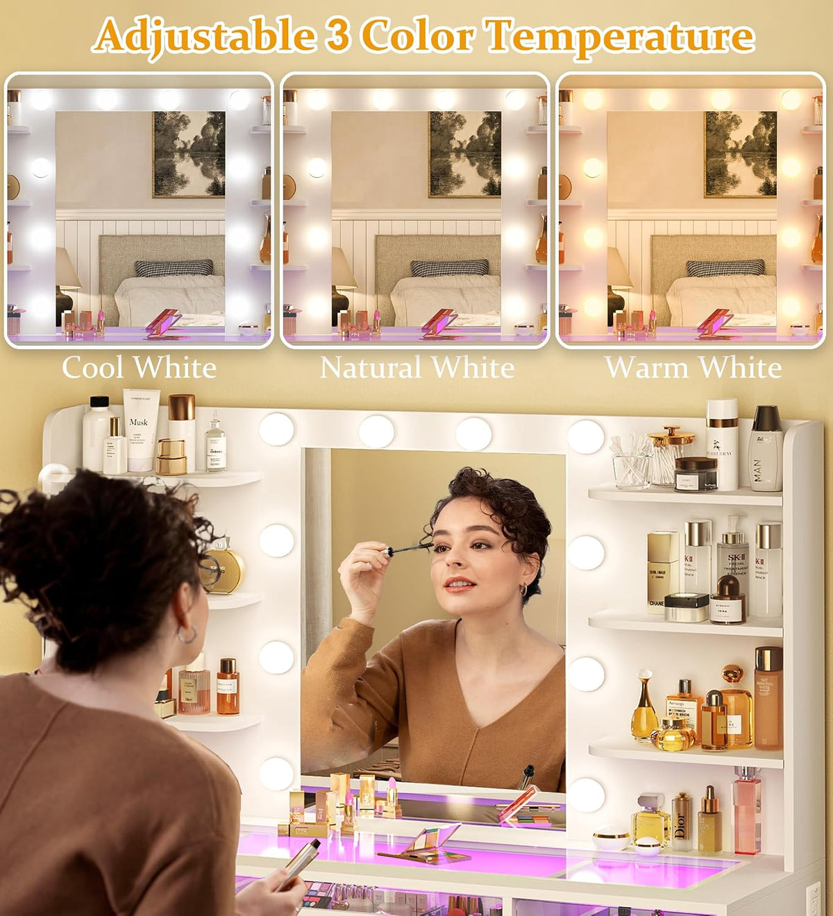 Makeup Vanity Desk with Mirror & Lights 3 Colors